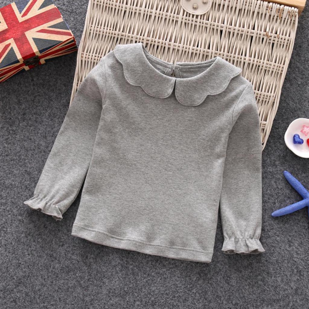 Baby Girl Kids Cotton Peter Pan Collar Long Sleeve Solid Color Top Cute T-shirt for Babys