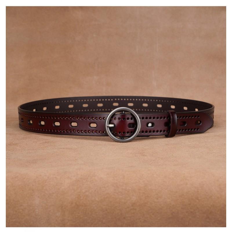 Womens Black Genuine Leather Belt With Hollow Detail Slim Waist Design No-Punch Hole Adjustable Length Jeans Dresses