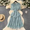 Celebrity Retro Short-sleeved Dress Women's Summer Hollow Crochet Waist Design Light and Familiar Imperial Sister Temperament Medium and Long Dress