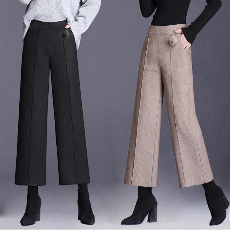 Woolen Wide Leg Pants Office Lady Straight Pantalones Autumn Winter Ankle Length Oversized Trousers