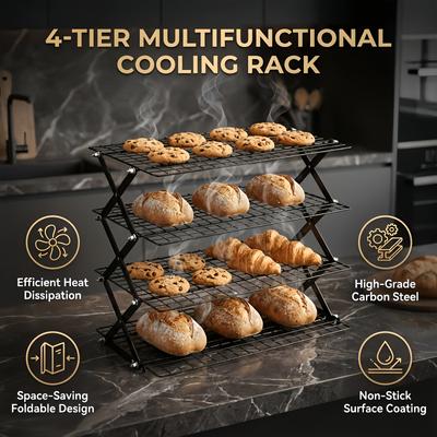 3 and 4 Tier Foldable Metal Wire Cooling Rack for Baking Trays, Stackable with 4 Adjustable Settings for Cake Bread Cookie Cooling