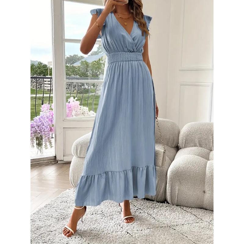 Women's Summer V-Neck Ruffle Short Sleeve Maxi Dress Shirred Elastic Waist Flowy Casual Beach Vacation Sundress