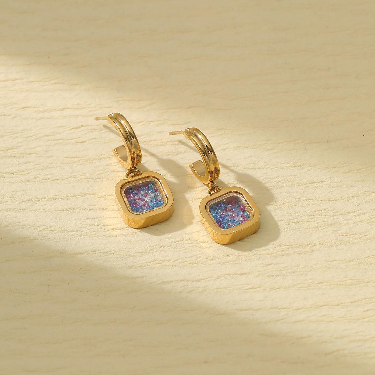 GEMCHIC Women s Geometric Square Shaker Earrings with Glitter, 18K Gold Plated Stainless Steel Hoop Drop Jewelry