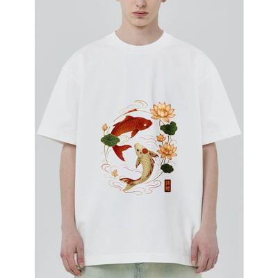 Koi Fish Lotus Flower Printed Black T Shirt for Men Casual Streetwear Summer Outfit with Chinese Calligraphy Design