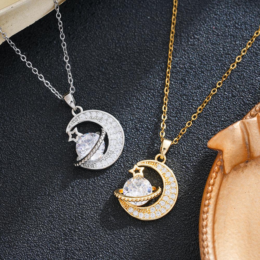 Women's Korean Style Titanium Steel Moon and Planet Necklace - Creative, High-Quality Clavicle Jewelry