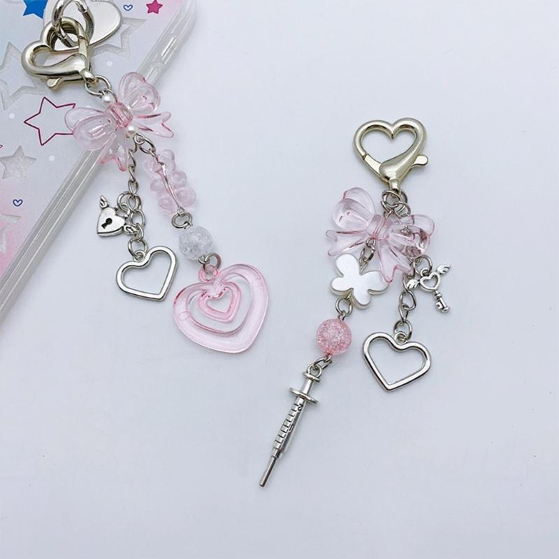 Elegant Bowknot Bead Heart Keyring Pendant Keychain Accessory Charm for Women