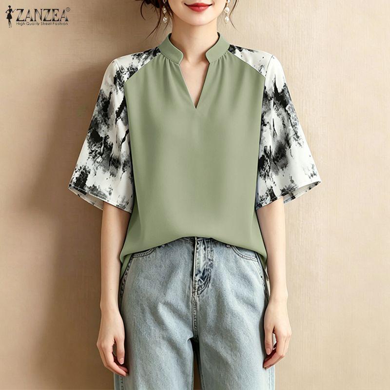 ZANZEA Women Casual V-Neck Splice 3/4 Sleeve Loose Blouse