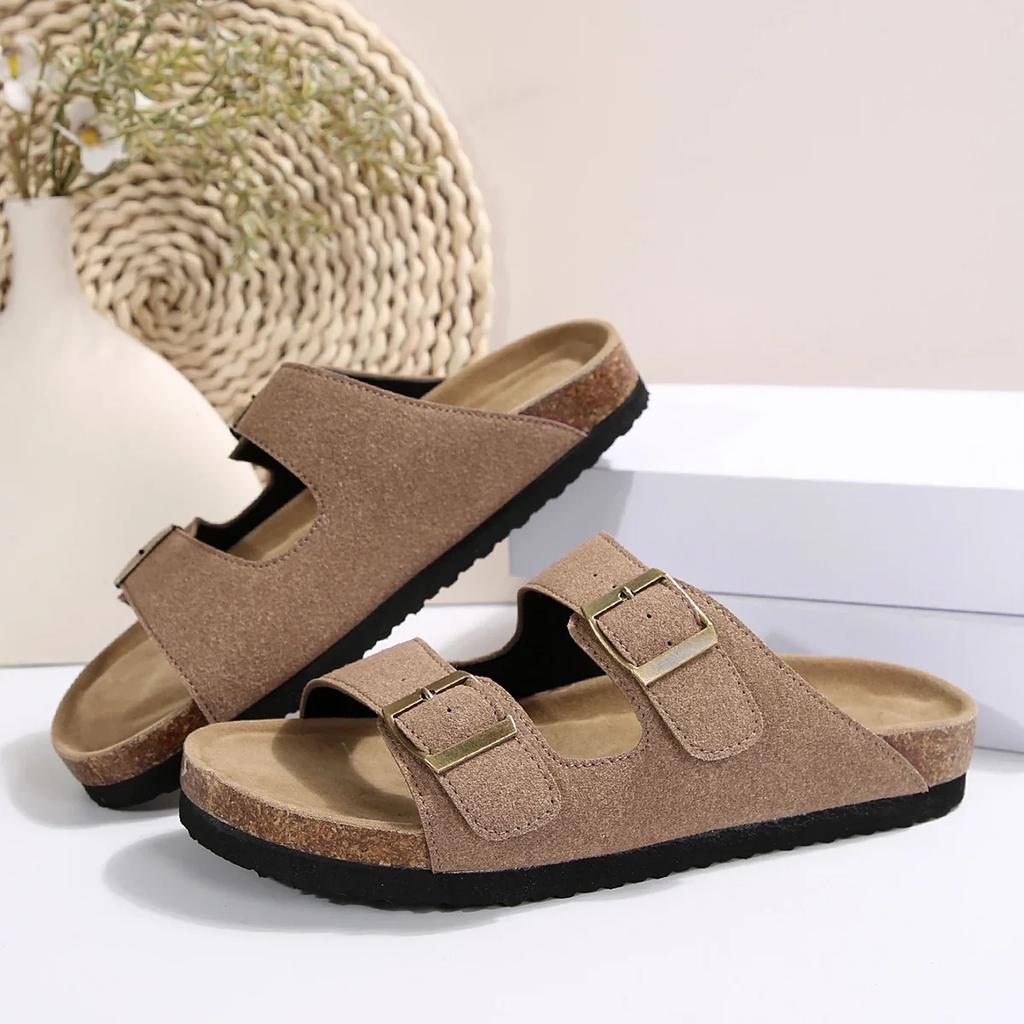 Hausschuhe mit Schnalle, offene Zehenpartie, ausgehöhlte Hausschuhe, luxuriöse Unterseite, rutschfeste Kork-Hausschuhe, Damen-Flip-Flops für den Strand, Outdoor, Zuhause