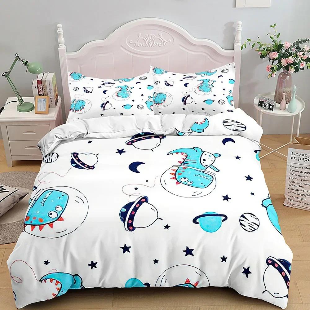 Kids Cartoon Dinosaur Bedding Set KingQueenFull Size Cute Animal World Duvet Cover Orange Yellow Polyester