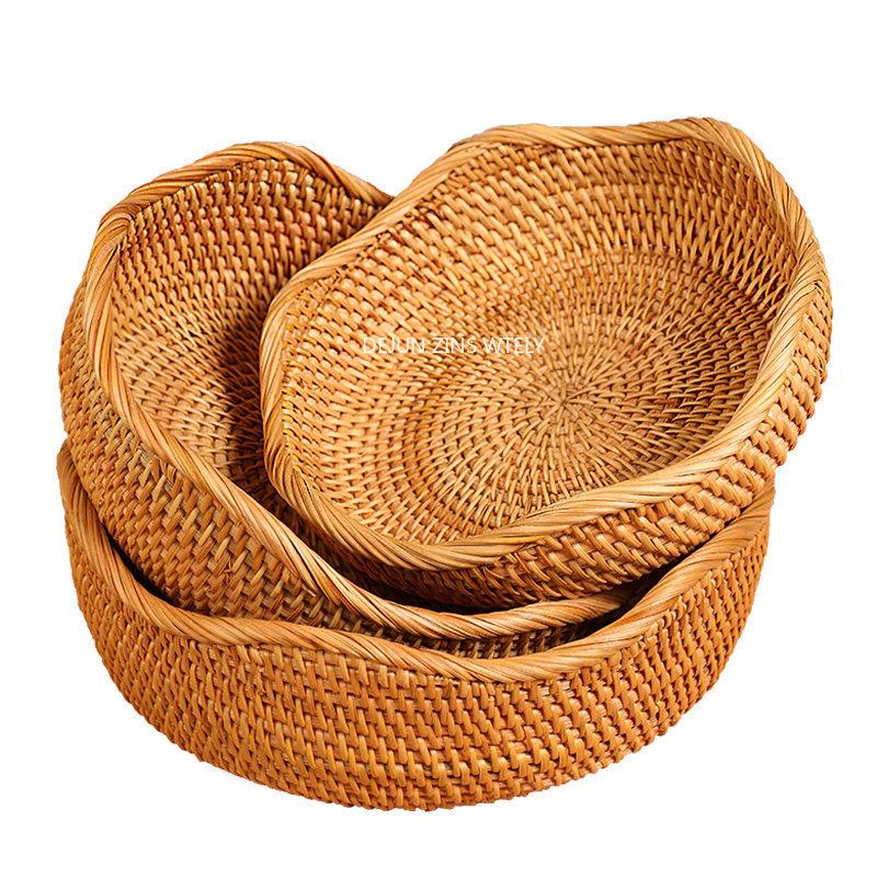 1PC Handmade Woven Fruit Basket Exquisite Snack and Fruit Tray Large-sized Rattan Snack Storage Basket Kitchen Bread Basket