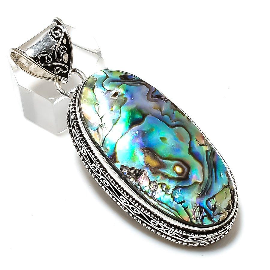 Přírodní Abalone Shell Gemstone Ručně vyrobený 925 Sterling Silver Přívěsek 2,29" o8n29