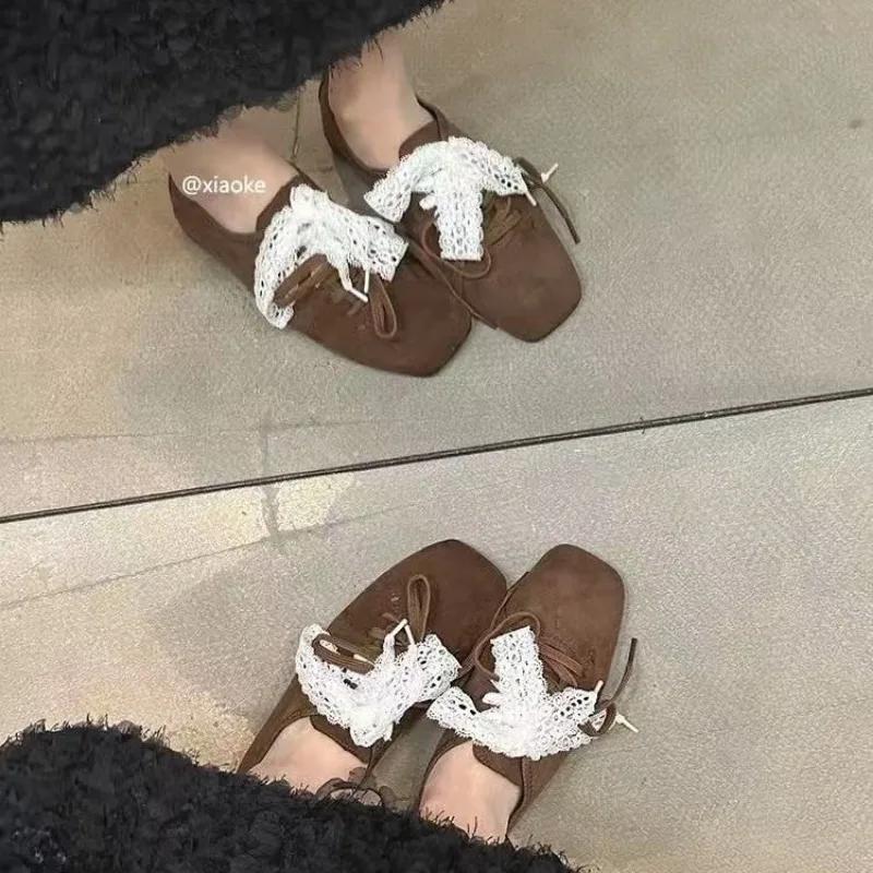 Women's Flat Shoes Bow Tie Lace Suede Ladies Shoes Versatile Comfortable Square Toe Spring and Autumn New Zapatillas De Mujer