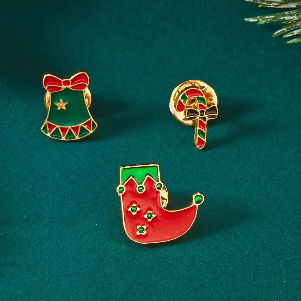 3pcs Christmas Tree Deer Snowman Enamel Brooch Set for Women Men Cute Santa Claus Bell Pins Xmas Party Festive Jewelry Gift