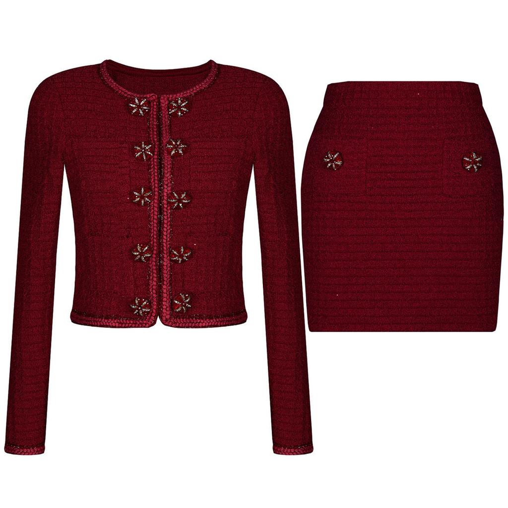 High-end quality spot spring and autumn new knitted Internet celebrity flower long-sleeved top jacket + trousers suit women 25252
