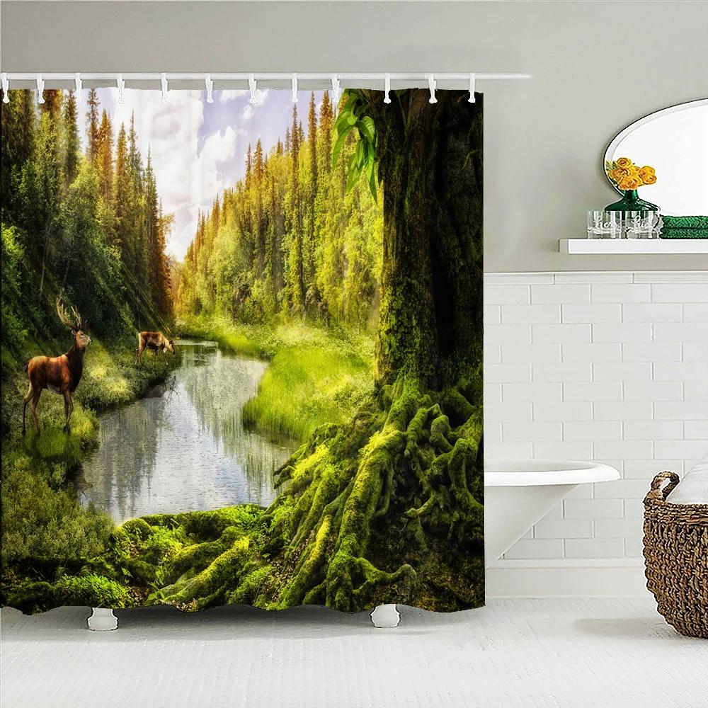 Wald Naturlandschaft Duschvorhänge Hochwertiger wasserdichter Duschvorhang Baumlandschaft Badezimmervorhang Polyesterstoff