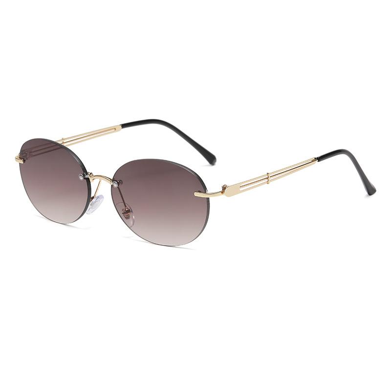 Retro Rimless Oval Sunglasses Literary Atmosphere Metal Temple Decor Fashionable Versatile Sunscreen Sunglasses 3918 коричневый