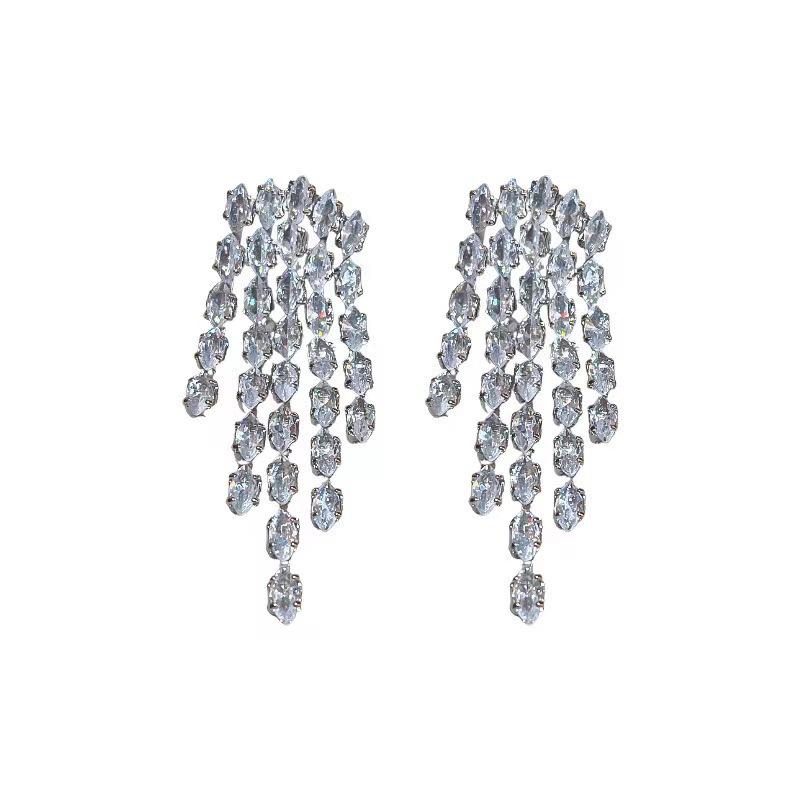 111 Silver Needle Fashion Light Luxury Style Full Diamond Tassel Earrings Women, High Temperament Sweet Cool Retro Super Flash Earrings