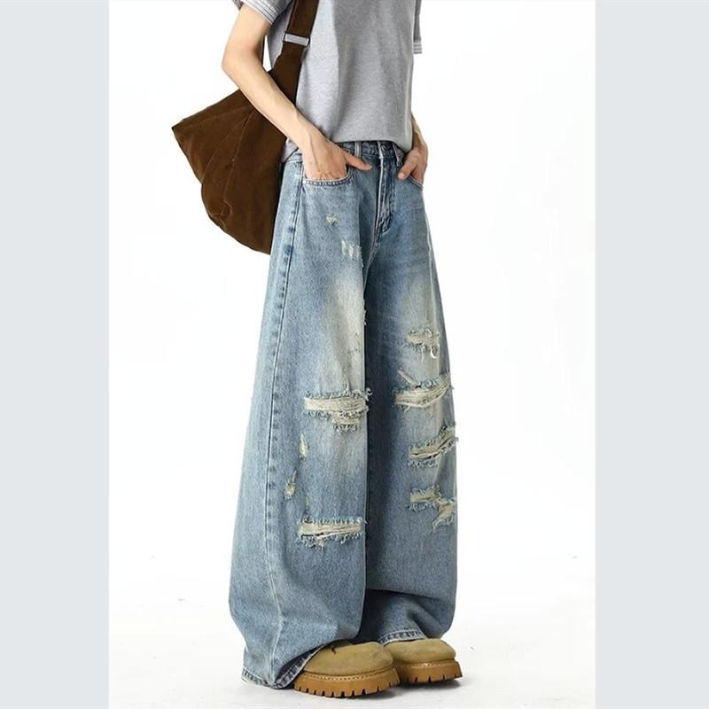 American Street Retro Ripped Design Sense Ink Splashing Jeans Men Loose Straight Drape Wide Leg Trousers Men