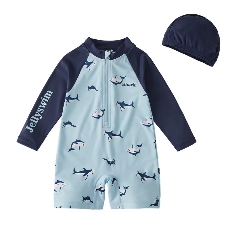 JELLYBABY Boys  One-Piece Shark Print Swimsuit with Cap 130