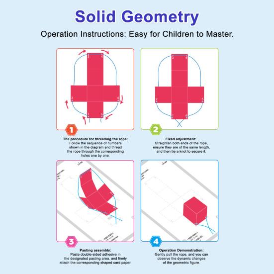 1/2 Sets DIY 3D Geometry Model Kit with Braided Rope Pull String 3D Geometry Learning Book with 12 Solids Volume Surface Area Formulas Teaching Toy