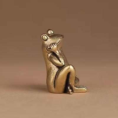 Vintage Brass Frog Statue Frog Decor Charming Contemplative Pose Desktop Ornament Tea Pet Figurine Home Office Decor