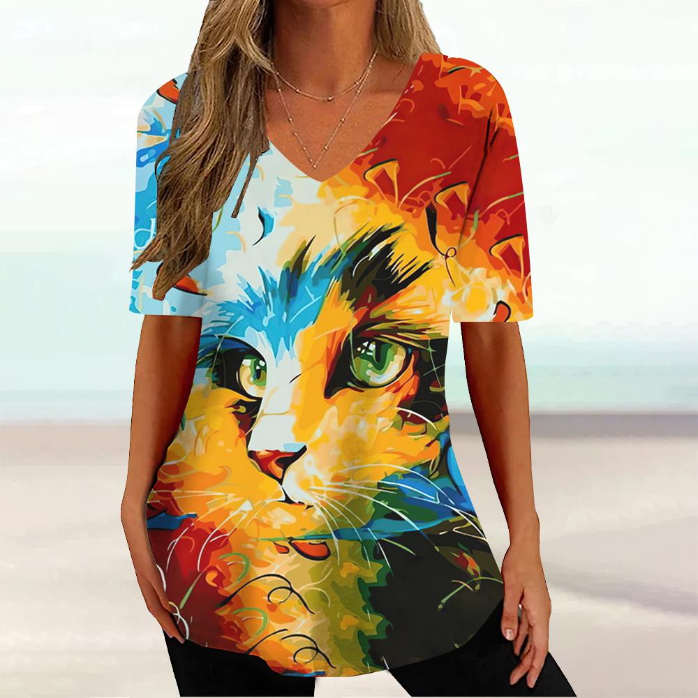 Letní nadměrné dámské tričko ležérní dámské tričko s krátkým rukávem roztomilá trička pulovr jednoduchost zvířecí potisk top volné oblečení