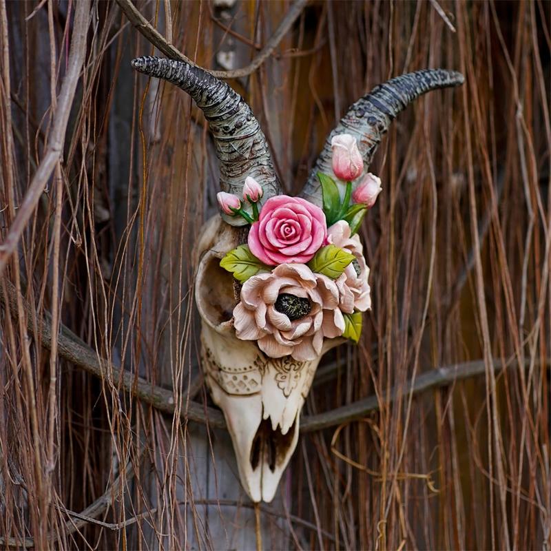 Wall Sculpture Simulation Flower Goat Skull Artwork Props 3D Animal Crafts Decor