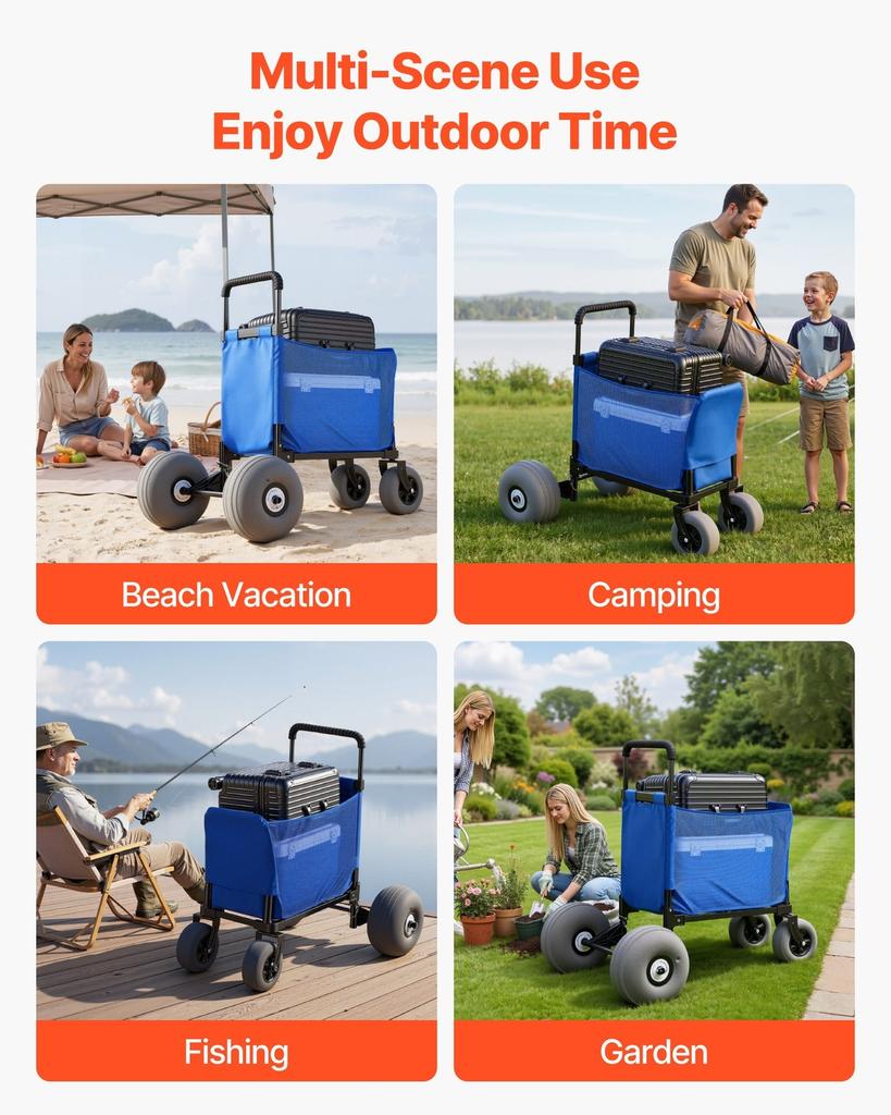 Beach Cart with Large Wheels for Sand, 75kg Load Capacity, Heavy Duty Folding Beach Wagon with 300 mm Balloon Wheels, Storage Bag, 845-1140 mm