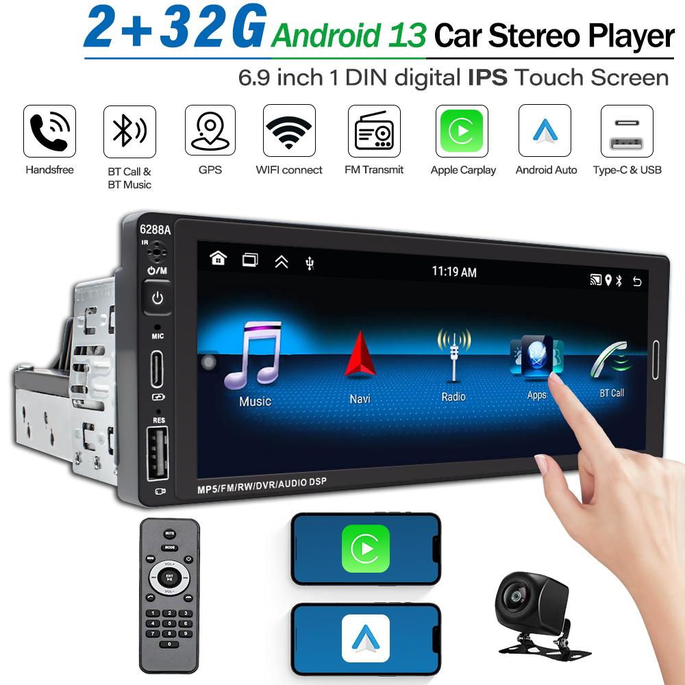 6.9inch 1Din Digital IPS Touch Screen Android 13 Car Stereo Video Auto Radio Multimedia Player GPS Navigation WiFi Bluetooth