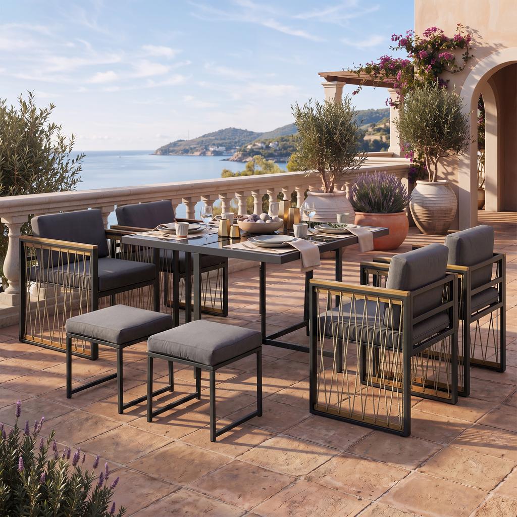7-Piece Dining Table and Chair Set for 6 People, Table Made of Tempered Glass, Armrests of Plastic and Wood, Suitable for Backyard, Garden Patio