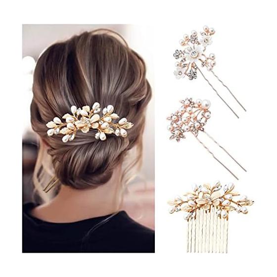 Pearl Hair Pins Hair Accessories Set - Handmade Bridal Wedding Party Graduation Formal Occasion (Gold 1)