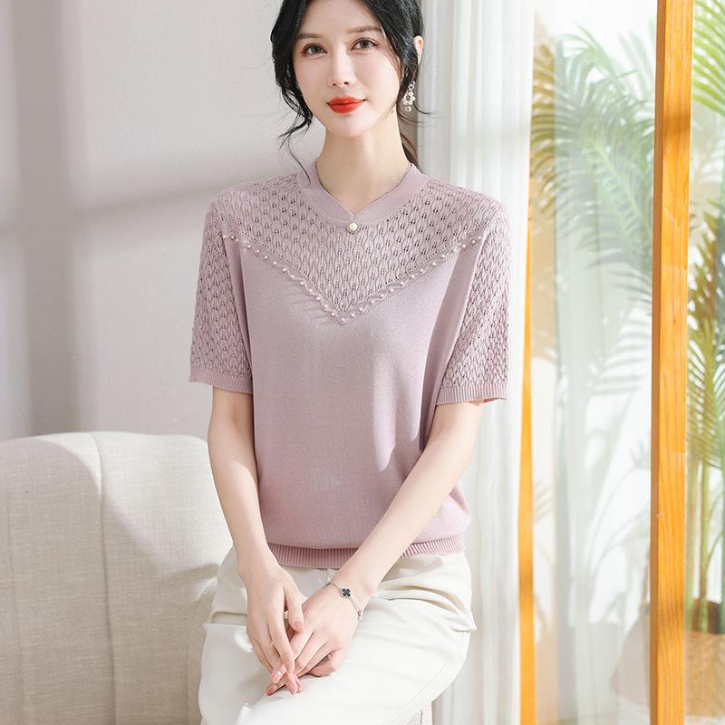 Mom's Summer 2026 Elegant Ice Silk Short-Sleeve Top for Middle-Aged & Elderly Women - Perfect for Mother's Day.