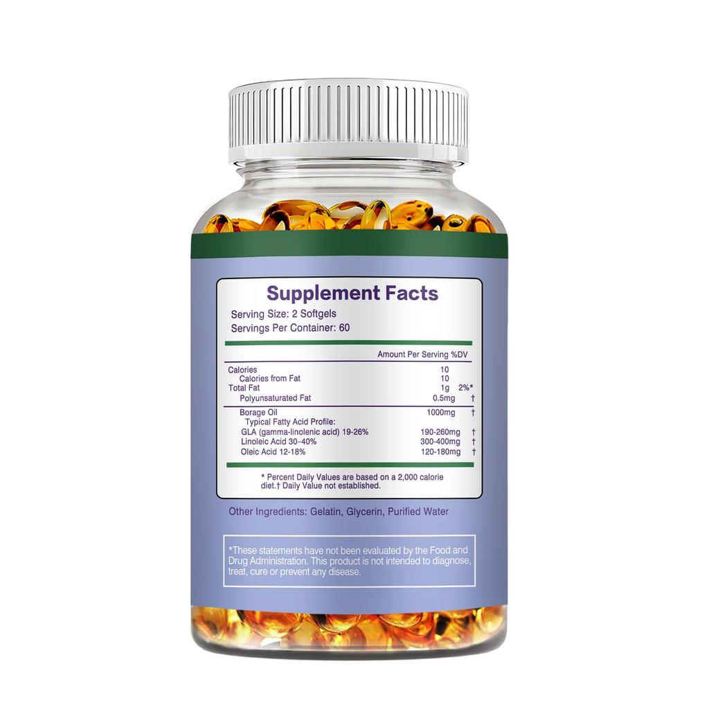Pslalae High-Absorption Borage Oil Capsules, 1000 mg, 100% Vegan, Suitable for Skin Health and Hair, Easily Absorbed