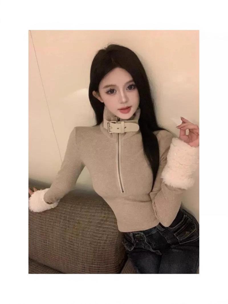 

Niche Design Retro Patchwork Sleeve Women s Autumn Winter Slimming Base Layer Top S