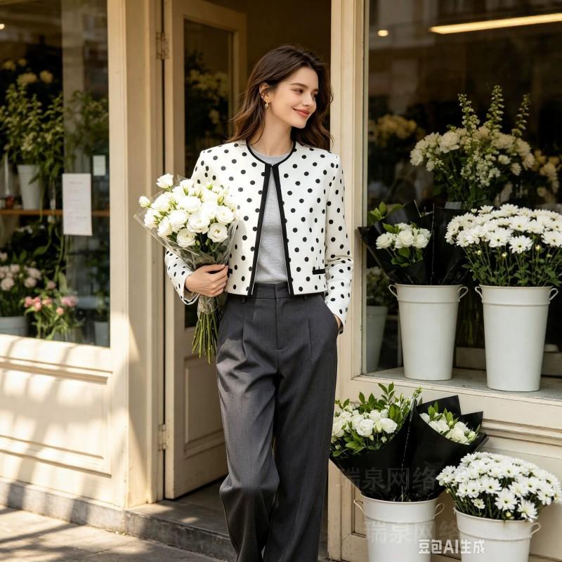ZA Womens 2026 Fashion Polka Dot Short Blazer Slim Fit Round Neck Jacket
