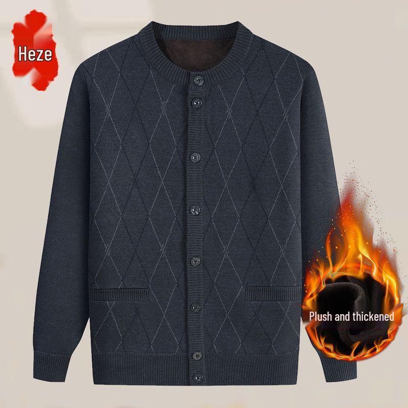 Men's Mid-Age & Elderly Knitted Cardigan: Warm, Thick Velvet Sweater Coat for Autumn/Winter
