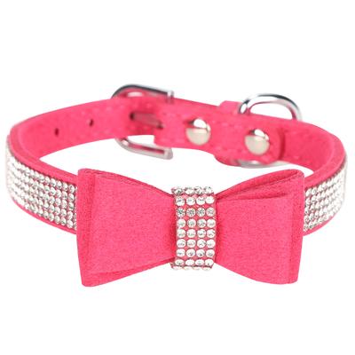 Suede Microfiber Double Bowknot Crystal Sparkle Rhinestone Cat Collar Pet SupplyRose Red XS 30x1.5cm