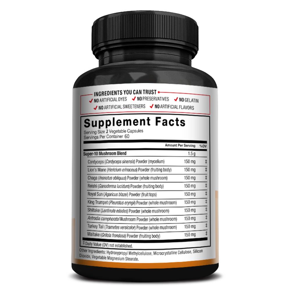 Bcuelov Organic Mushroom Supplement, 10-Mushroom Superfood Blend, 1.5g, Vegan, 120 Caps