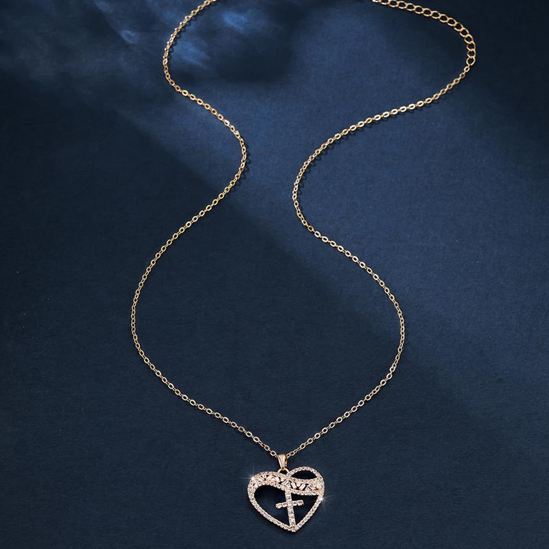 Women's Heart With Cross Necklace Love Heart White Cubic Zirconia Gold Color Clavicle Chain Gift