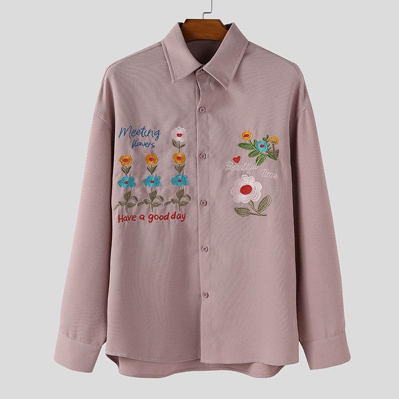 

INCERUN Men Spring Lapel Neck Long Sleeve Embroidery Flower Shirts Texture Oversized Tops 5XL розовый