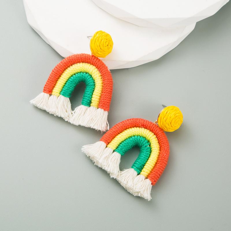 Women's Earrings Fresh Hand Woven Cotton Rope Tassel Earrings Sweet Lovely Rainbow Drop Earrings