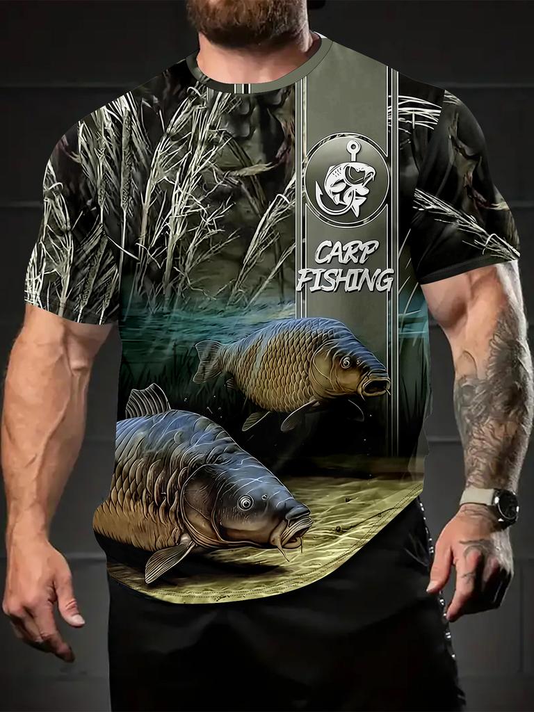 Men's 3D Carp Fishing T-Shirt - Breathable Summer Short Sleeve Round Neck Tee with Koi Fish Print, Casual Outdoor Wear Suitable for Fishing Trips,