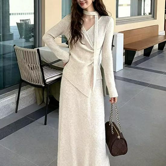 Elegant French Style Irregular Sweater Skirt Set for Women - Autumn/Winter Waist-Cinching Three-Piece Ensemble