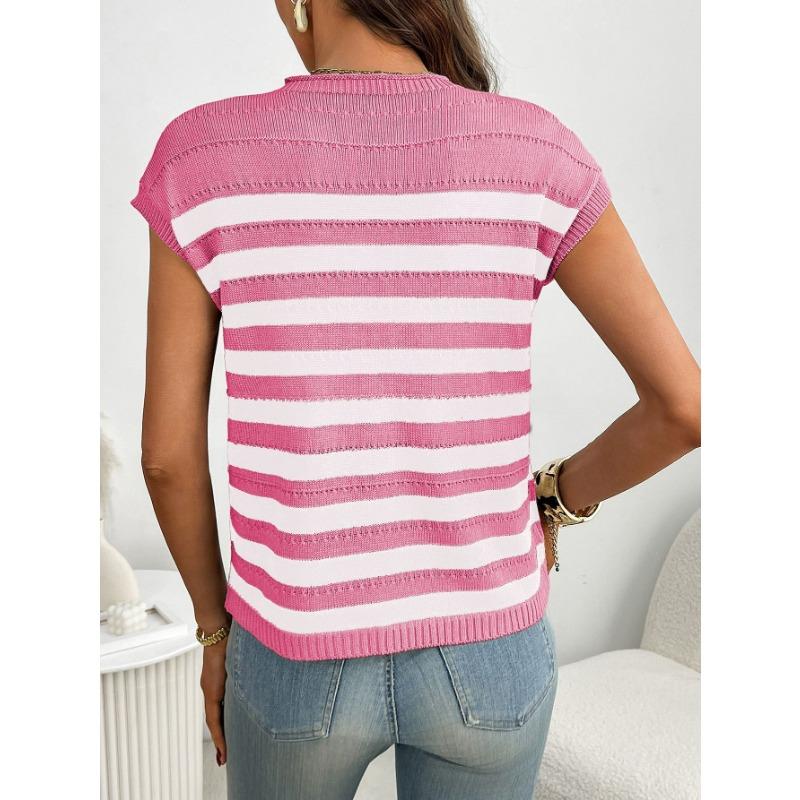 Summer New Women's Round Neck Top Thick Stitch Casual Striped Sweater
