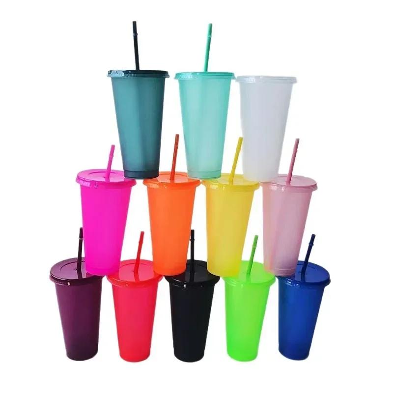 5pcs 710ml Assorted Solid Color Reusable 24oz Plastic Cold Cup Coloured Cup Colored Straw Cup Glasses with Straw and Lid Liyi