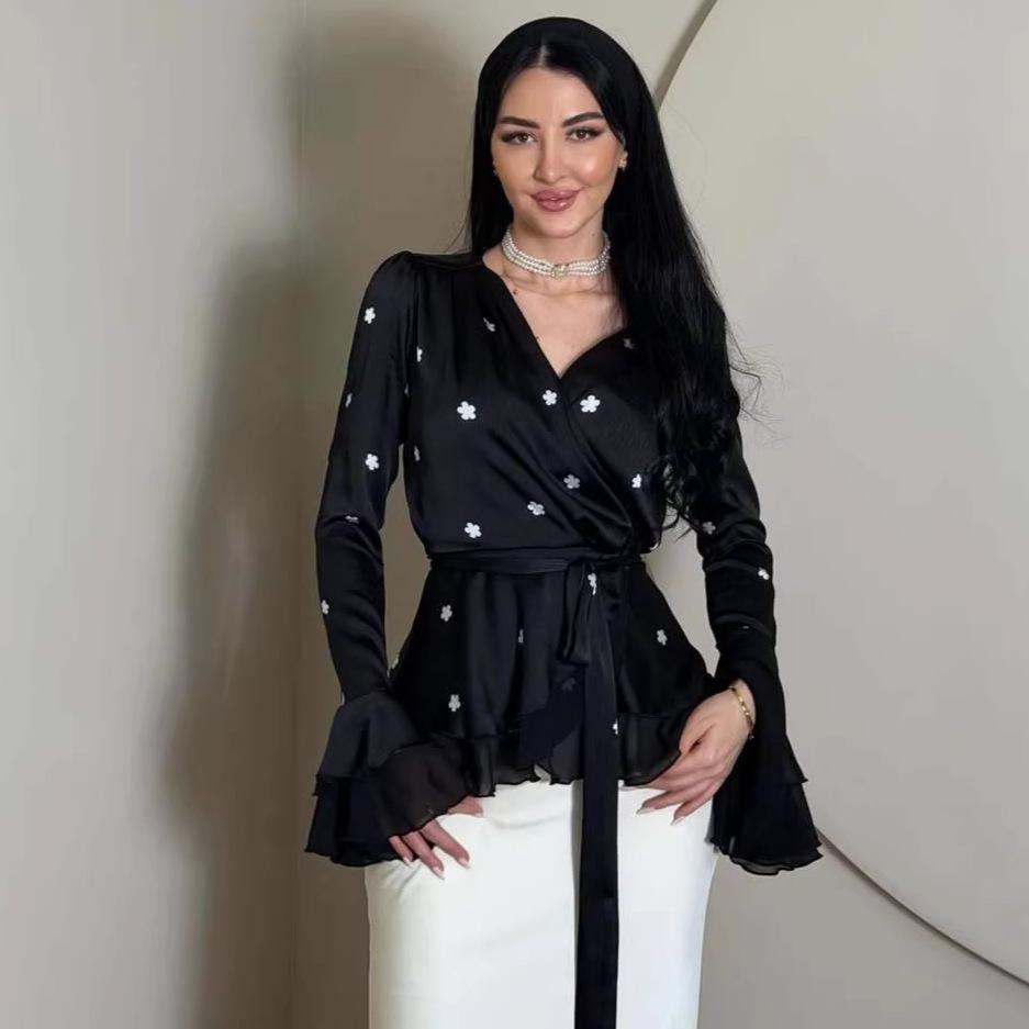 Cross-border European and American Women's Clothing  Amazon Sexy V-neck Light Luxury Long-sleeved Temperament Lace-up French Top Skirt