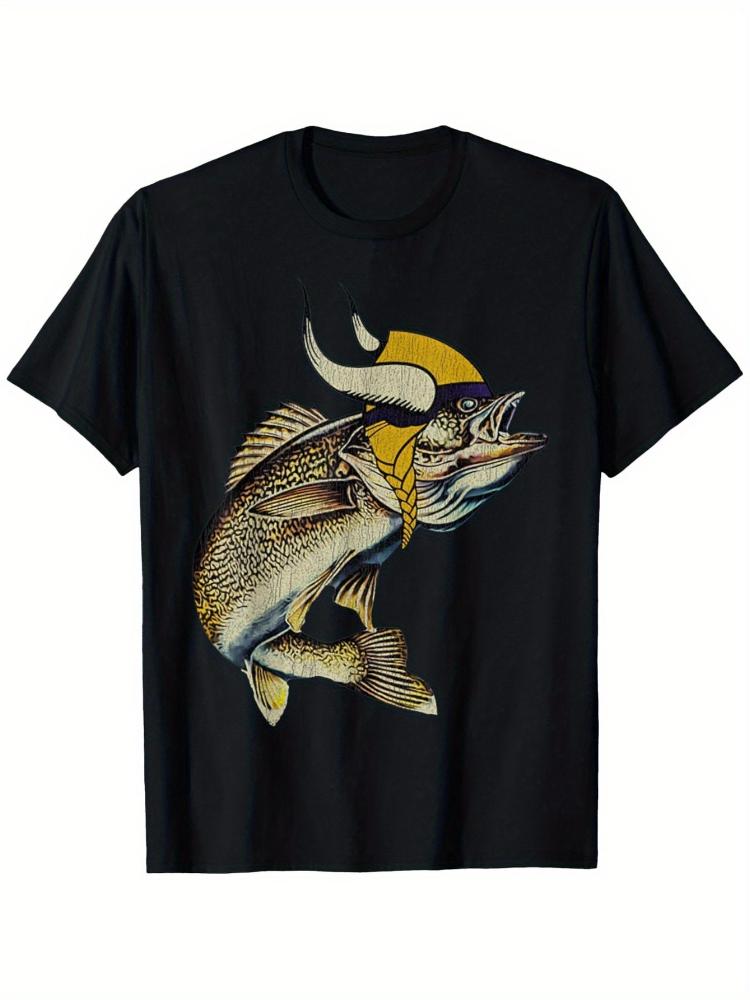Retro Minnesota Walleye Fishing Graphic with Vibrant Yellow Purple Fish design100 cotton Oneck printed mens Tshirt