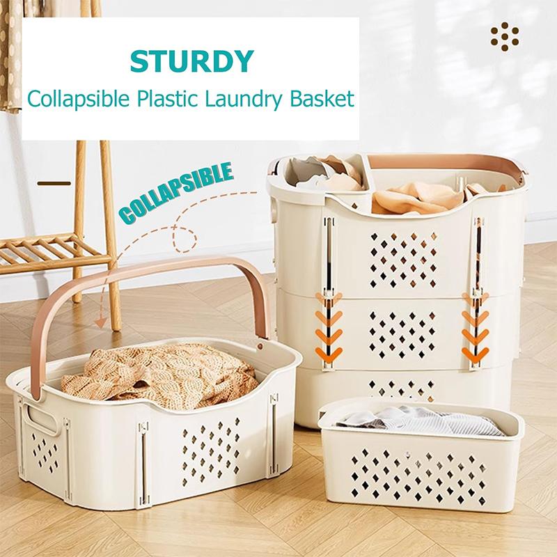 Collapsible Plastic Laundry Basket with Handles and Side Containers - Space-Saving Laundry Basket for Laundry Rooms, Bathrooms,