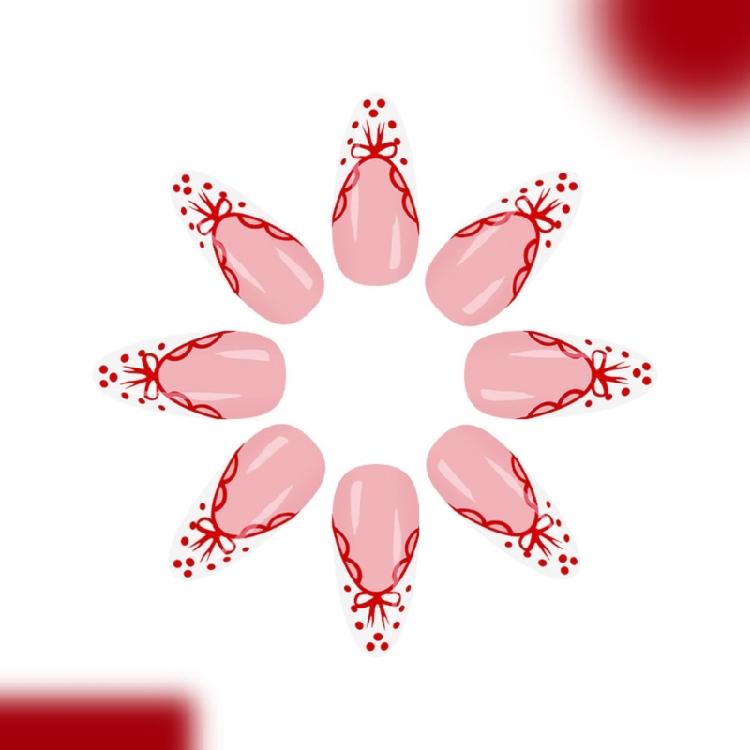 24pcs French Manicure Fake Nail White Base Red Dots Bows Accents Easy Application Artificial Nail For Elegant Look