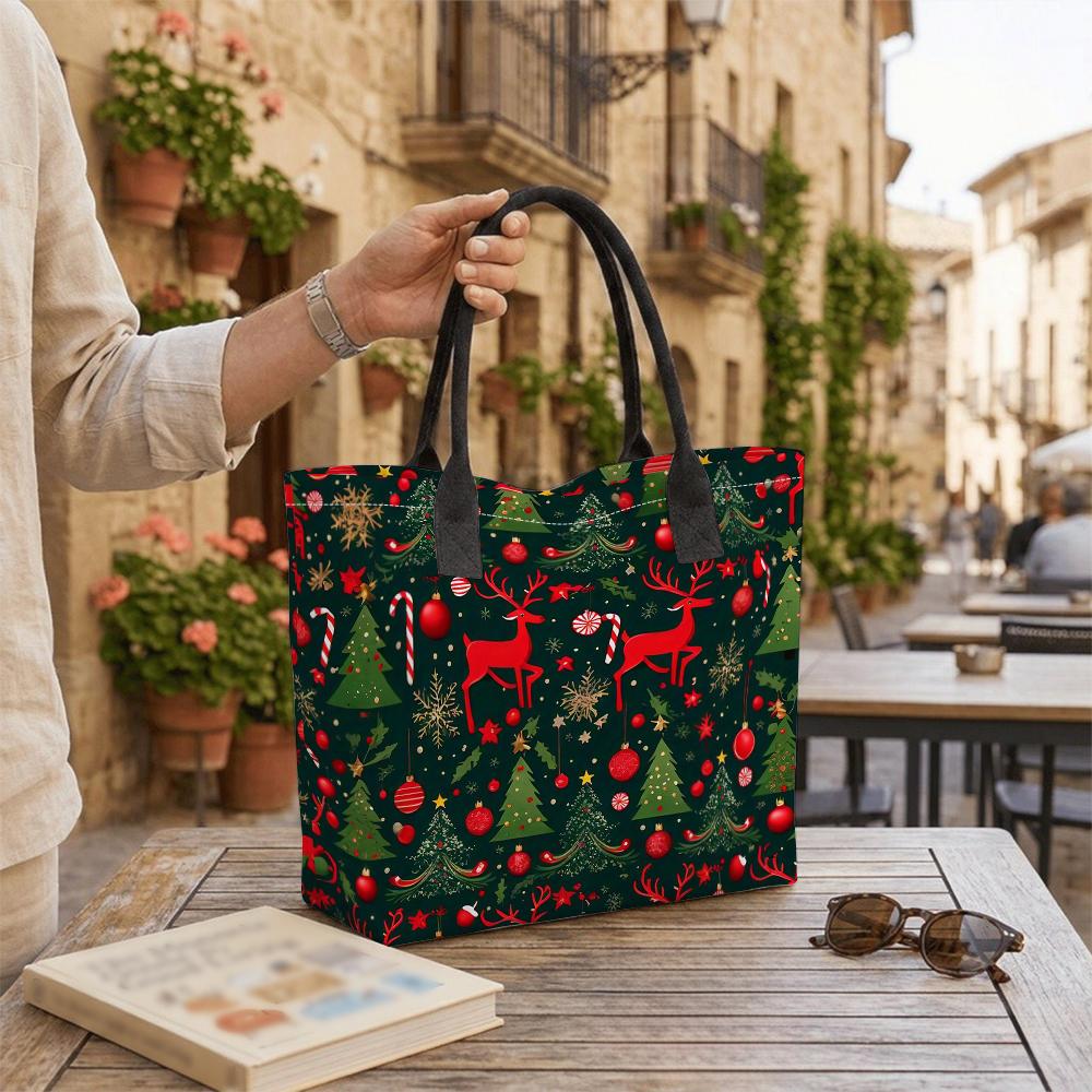 Christmas Elk Print Canvas Tote Bag Portable Casual Shopping Handbag for Holiday
